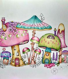 a drawing of a group of mushroom houses