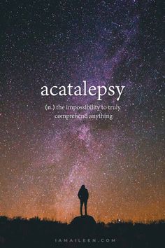 a person standing on top of a hill under the night sky with text that reads, acatealepsy