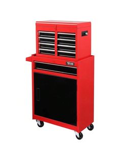 a red and black tool cabinet on wheels