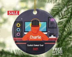 a personalized christmas ornament with a man wearing headphones