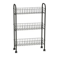 three tiered metal rack with wheels on each side and two baskets on the bottom