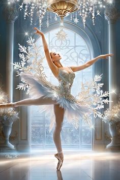 a ballerina is dancing in front of a chandelier with snowflakes