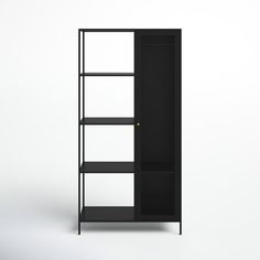 a black bookcase with three shelves on one side and an open door on the other