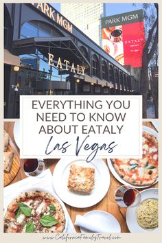 a table topped with pizza and other food on top of it next to a sign that says everything you need to know about eating las vegas