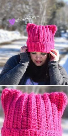 a woman wearing a pink knitted cat hat