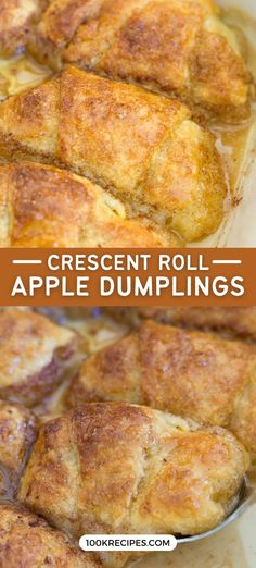 an apple dumpling in a pan with the words, green roll apple dumplings