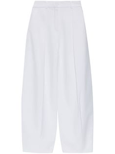 white cotton blend pressed crease concealed front fastening high waist belt loops two rear welt pockets wide leg Elegant Cotton Culottes, Elegant High-waisted Cotton Culottes, Tailored White Wide Leg Pants, Classic White High Waist Wide Leg Pants, White Pants With Pressed Crease For Spring, White Spring Pants With Pressed Crease, White Ankle-length Wide Leg Pants For Formal Occasions, White Bottoms With Pressed Crease For Spring, Elegant White Culottes