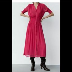 Nwt Zara Pleated V-Neck Round Collar Dress Size Medium Fuchsia 9878/151-New Outer Shell 100% Polyester Lining 100% Polyester * Exclusive Of Elastic Smoke Free Home Pet Free Home Pink V-neck Maxi Dress For Fall, Pink Pleated V-neck Maxi Dress, Pink Pleated Maxi Dress With V-neck, Zara Pleated V-neck Dress, Zara Pink Ruched Midi Dress, Pink Ruched Midi Dress By Zara, Pink Chic Midi Length V-neck Dress, Chic Pink V-neck Midi Dress, Zara Pink Short-sleeved Maxi Dress