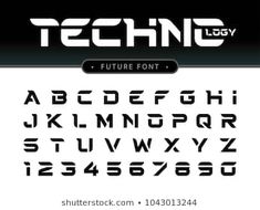 the futuristic font and numbers set is shown in black and white, with an image of a