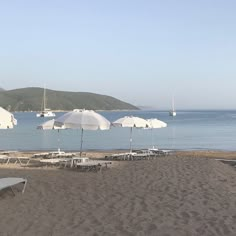 beach chairs and umbrellas are lined up on the sand near the water's edge