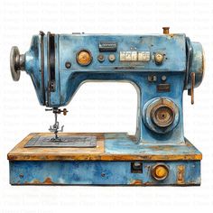 an old blue sewing machine sitting on top of a table