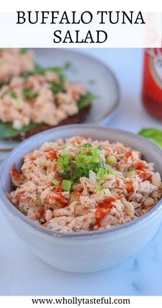 buffalo tuna salad in a small gray bowl drizzled with hot sauce and sprinkled with chopped green onions. Buffalo Tuna Salad, Buffalo Tuna, Tuna Wraps Recipes, Classic Tuna Salad, Chopped Veggies, Easy Whole 30 Recipes, Grain Bread, Tuna Salad Recipe, Canned Tuna