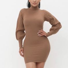 This Taylor Mini Dress Offers A Chic And Modern Silhouette, Featuring Bold Puffy Sleeves With Cable-Knit Detail For Added Texture. The High Neckline And Bodycon Fit Create A Flattering Shape, Perfect For Both Day And Night Events. Crafted With A Comfortable Stretch Fabric, This Dress Will Hug Your Curves While Keeping You Stylish. Dress With Puffy Sleeves, Puffy Sleeves, Day And Night, High Neckline, Cable Knit, Evening Gowns, Stretch Fabric, Cable, Mini Dress