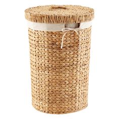 an empty wicker canister is shown on a white background