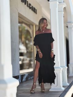 Indulge in the chic style of the Lucy Dress, featuring an off-the-shoulder design, delicate ruffled sleeves, and side seams with romantic ruffles. Modern side openings and a flowing maxi length complete the look. The double-layered body and single layered sleeves create a tantalizing contrast. Elevate your ensemble by pairing it with our Signature belts Elastic on Sleeve 100% Chiffon Lining 100% Chiffon Dry clean or Hand Wash or Delicate Cycle Wash and Hang Dry Designed with love in Miami, FL US Floor-length Ruffled Maxi Dress For Evening, Evening Floor-length Maxi Dress With Ruffled Skirt, Summer Formal Off Shoulder Dress With Ruffles, Flowy Ruffled Maxi Dress For Gala, Ruffled Floor-length Maxi Dress For Gala, Chic Off Shoulder Ruffle Dress For Cocktail, Elegant Flowy Off Shoulder Dress With Ruffles, Elegant Flowy Ruffled Off Shoulder Dress, Elegant Summer Off Shoulder Dress With Ruffles