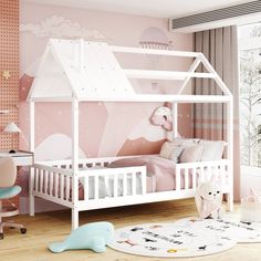 a child's bedroom with pink walls and flooring, including a white bed frame