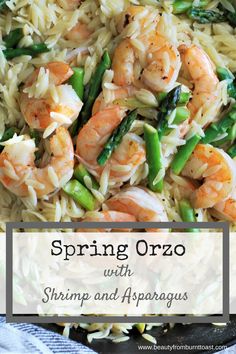 shrimp and asparagus stir - fry in a skillet with the words spring orzo