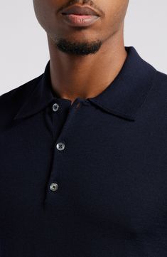 Soft merino wool warms without weight in a polo-sweater that's sure to be a favored piece in your cool-weather wardrobe. 26 1/2" length (size Medium) Button half placket Spread collar Long sleeves Ribbed cuffs and hem 100% wool Dry clean Made in Portugal Polo Sweater, Dark Navy, Merino Wool, Portugal, Dry Clean, Nordstrom, Long Sleeves, Size Medium, Wool