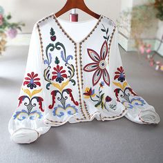 Olivia Mark - Embroidered High-Waist Short Vacation Travel Cotton Linen Long-Sleeve Sun Protection Shirt Blouse Top Short Vacation, Shirt Blouses Tops, High Neck Long Sleeve, Slim Fit Shorts, Lantern Sleeve, Vacation Travel, Blouse Patterns, Embroidered Blouse, Lantern Sleeves