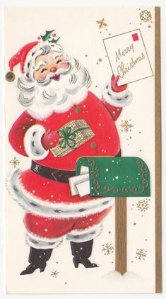 a christmas card with santa holding a mailbox