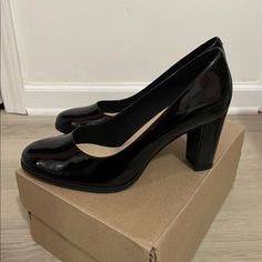 Size 7.5 Brand New With Box! Approximately 3 Inch Heels Black Patent Leather Block Heels With 4-inch Heel, Black Court Shoes With 4-inch Block Heel, Black Block Heels With 4-inch Heel For Office, Black Closed Toe Block Heels For Office, Black Almond Toe Block Heels For Work, Black Patent Leather Block Heels With Round Toe, Black Block Heels With Reinforced Heel For Office, Black Stacked Heel Block Heels For Office, Black Block Heels For Work With Round Toe