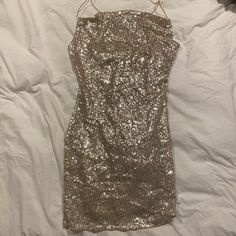 Never Worn - Bought For Nye. Slight Cowl Neck. Silver/Rose Gold-Like Color Cowl Neck Sequin Dress, Champagne V-neck Sequin Dress For Night Out, Gold V-neck Sequin Dress, Fitted Metallic Sequin Dress With V-neck, Metallic V-neck Sequin Cocktail Dress, Dresses Fitted, Windsor Dresses, Silver Rose Gold, Cowl Neck