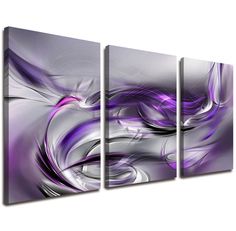 three purple and white abstract paintings on a wall