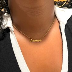 Very demure. Very cutesy. Very mindful. 18K Gold Plated Stainless Steel 16.9” Chain with 3" Extender Adjustable Nameplate Chain Necklace, Gold Name Necklace For Everyday Wear, Everyday Gold Name Necklace, Trendy Gold Clavicle Chain Name Necklace, Trendy Gold Name Necklace With Clavicle Chain, Tarnish Resistant Gold Plated Name Necklace, Gold-plated Tarnish-resistant Name Necklace, Gold Clavicle Chain Name Necklace, Gold Plated Adjustable Name Necklace