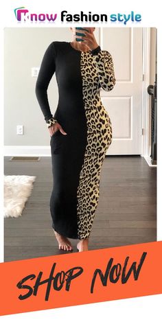 Black Fashion Casual Print Leopard Split Joint O Neck Long Sleeve Dress Wholesale Fashion, Fashion Casual, Dresses Online, Sleeve Dress, Black Fashion, Print Dress, Casual Fashion, Split, Dresses With Sleeves