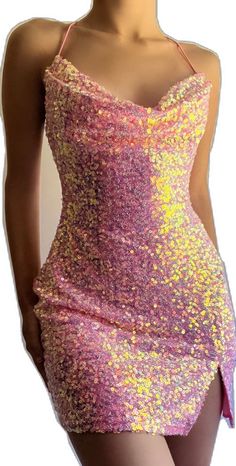 a woman wearing a pink and yellow sequin bodysuit with one side slit open