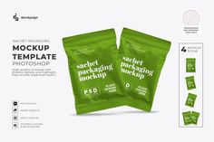 three green packaging bags mock up on top of each other