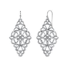 The perfect set of earrings for day or night. A lovely set of diamond shape drop earrings feature intricate filigree detail. They're exquisite for a wedding or wear it with your favorite jeans and t-shirt to ramp up your leisure day. These earrings make an affordable and ideal gift. Vintage style set of earrings is a must-have! Measurements: 2"L x 1"W Available in Silver Tone, Black Tone, Rose Gold and 14K Gold Dipped 1928 Jewelry Collection From the vaults of rich European capitals to the antiq Crystal Point Jewelry, Diamond Shape Earrings, Unique Bridal Shower, Wedding Day Jewelry, 1928 Jewelry, Aura Crystals, Rainbow Quartz, Vintage Inspired Jewelry, Filigree Earrings