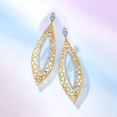 Ross-Simons - .50 ct. t. w. Diamond Teardrop Earrings in 14kt Two-Tone Gold. Wear this beautiful pair to elevate any formal outfit! The elongated 14kt yellow gold teardrops showcase elegant open-space scrollwork illuminated by .50 ct. t. w. round brilliant-cut diamonds set in 14kt white gold. Hanging length is 2 1/8". Post/clutch, diamond teardrop earrings. Diamond birthstones are the perfect gift for April birthdays. Elegant Teardrop Diamond Earrings Fine Jewelry, Teardrop Diamond Earrings With Elegant Design, Fine Jewelry Diamond Earrings For Formal Events, Formal Pear-shaped Pave Setting Earrings, Formal Pear-shaped Earrings With Pave Setting, Formal Pear-shaped Pave Earrings, Elegant Yellow Gold Diamond Earrings For Evening, Dazzling Pierced Diamond Earrings For Formal Occasions, Pear-shaped Diamond Earrings With Elegant Design