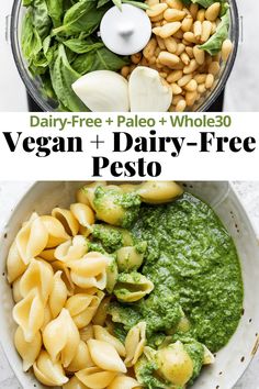 pasta, spinach and pesto in a bowl with the title vegan + dairy - free pesto