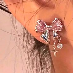 Small Silver Earrings It Has A Pink Bow Pink Silver Earrings, 21st Bday Accessories, Pink Bow Earrings, Valentine's Day Crystal Earrings For Pierced Ears, Feminine Earrings For Valentine's Day Party, Wardrobe Renovation, Coquette Earrings, Pink Clay Earrings, Earrings Piercings