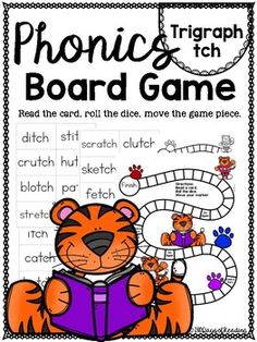 a printable board game for the phonics and teh board game, with an image of a tiger reading a book