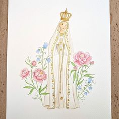 a watercolor painting of a woman wearing a tiara and surrounded by pink flowers