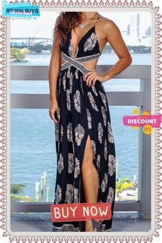 Fashion Bohemian Print Backless V Neck A Line Dresses Sleeveless Printed Maxi Dress For Date Night, Summer Printed Backless Maxi Dress, Chic Beach Dress With Split, Chic Beach Maxi Dress With Split, Chic Split Maxi Dress For Beach, Chic Split Beach Dress, Summer Vacation Maxi Dress With Split, Summer Vacation Split Maxi Dress, Chic Split Dress For The Beach