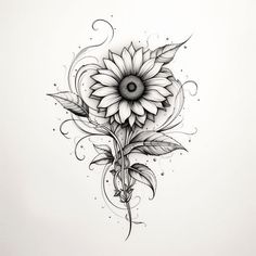 a black and white drawing of a sunflower