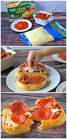 the process for making pizza bread is shown in three different pictures, including one being cut into