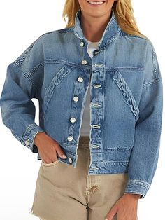 Casual look denim jacket. European design. Buttons down front closure. Pockets on front. 65% Cotton and 35% polyester blend fabric. Frayed hem. Color may be lighter or darker depending of the device it is displayed. Relaxed Fit Denim Outerwear With Patch Pockets, Denim Outerwear With Patch Pockets And Relaxed Fit, Relaxed Fit Medium Wash Outerwear With Patch Pockets, Denim Outerwear With Patch Pockets For Fall, Fall Denim Outerwear With Patch Pockets, Trendy Winter Denim Jacket With Patch Pockets, Oversized Light Wash Outerwear With Patch Pockets, Trendy Denim Blue Outerwear With Patch Pockets, Winter Denim Jacket In Medium Wash With Patch Pockets