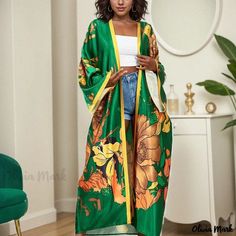 Olivia Mark - Premium Plus Size Retro Kimono: Womens Floral Print Contrast Binding Batwing Sleeve Open Front Belted Kimono Cover Up Belt Kimono, Moroccan Clothing, Tropical Outfit, Kimono Floral, Floral Print Kimono, Kimono Vintage, Plus Size Vintage, Belt Design, Print Kimonos