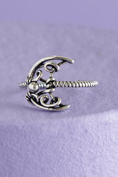 Embrace the moon’s power wearing this intricate silver brass ring twisted into the shape of a crescent moon!  Features an adjustable band to custom fit you your way! Wire Wrapped Moon, Mushroom Ring, Belly Jewelry, Daisy Ring, Moon Ring, Rainbow Beads, Butterfly Ring, Gem Ring, I Love Jewelry