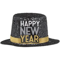 Add some shine and style to your New Year's Eve outfit with this miniature top hat. It has a gold hatband and reads Happy New Year. Glitter Black New Year's Mini Plastic & Cardstock Top Hat product details:  2in tall Attached elastic Plastic and cardstock New Year Hat, New Years Hat, Black Top Hat, Nye Outfits, Mini Top Hat, Halloween Costume Shop, Halloween Store, Eve Outfit, Mini Top