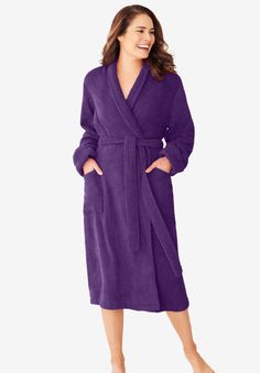 A cozy at-home essential with a shawl collar and turn-back cuff. Patch pockets and an inside tie and self-tie belt. Perfect for after a shower or hanging around the house. 44" lengthThis style also comes in a 53" length! Search 51609 to shop.Pure cotton, importedMachine washable Womens Robes Long, Terry Robe, Plus Size Robes, Bath Robes For Women, Lounge Robes, One Piece Clothing, One Piece Pajamas, Swimsuits For All, Womens Robes