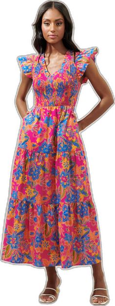 Fitted Multicolor Floral Print Smocked Dress, Midi-length Brunch Dress With Vibrant Print, Vibrant Print Knee-length Midi Dress, Multicolor Mini-length Smocked Dress For Summer, Multicolor Floral V-neck Dress With Vibrant Print, Tiered Maxi Skirt, Tiered Midi Dress, Blue Midi Dress, Cotton Style