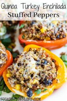 stuffed bell peppers with quinoa turkey enchilada in the background and text overlay