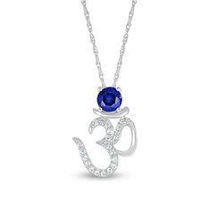 An inspiring talisman, this bright blue and white lab-created sapphire Om symbol pendant is certain to be your favorite go-to look. Fashioned in sleek sterling silver This choice features a sculpted Om symbol design lined with shimmering white lab-created sapphires. A 5.0mm blue lab-created sapphire tops the style. Blue sapphire is the traditional birthstone for September. This pendant suspends along an 18.0-inch rope chain that secures with a spring-ring clasp. Om Symbol, White Lab, Peoples Jewellers, Symbol Design, Rope Chain, Bright Blue, Spring Rings, Blue Sapphire, Birthstone