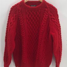 Questions? Leave A Comment Below! Red Wool Sweater For Fall, Red Wool Long Sleeve Sweater, Classic Red Crew Neck Sweater, Red Long Sleeve Wool Sweater, Red Merino Wool Sweater For Fall, Red Cable Knit Crew Neck Sweater, Winter Red Textured Knit Sweater, Casual Hand Knitted Red Sweater, Casual Red Hand Knitted Sweater