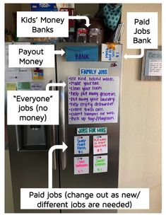 a refrigerator with lots of stickers on the door and labels attached to it that read paid jobs change out as new, different jobs are needed